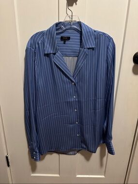 Quince Blue and White Striped Women's Washable Silk Button-Down Blouse